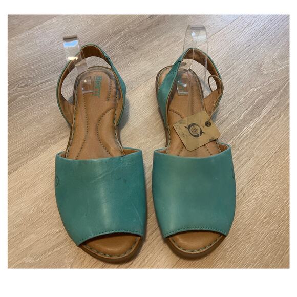 Born Inlet Slingback Open Toe Sandal Size 11 Turquoise Leather Comfort Flat Shoe - Picture 2 of 7
